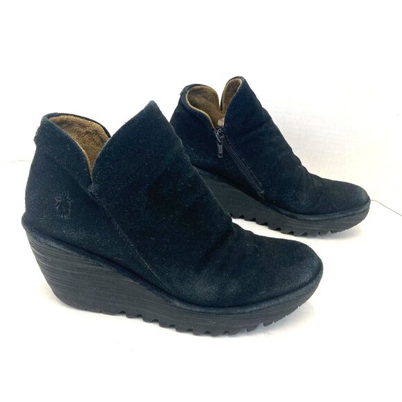 Fly London Wedge Ankle Bootie Womens EU Size 38 / US 7.5 / 8 Black Suede Leather - Picture 1 of 16